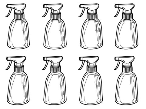 Bottle or cosmetic container spray caps, including modern white mockups of plastic dropper pumps for lotion, shampoo, or atomizer sprayers, and liquid soap dispensers with triggers and nozzles, are