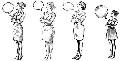 A professional woman's silhouette is shown with a speech bubble, symbolizing communication and conversation