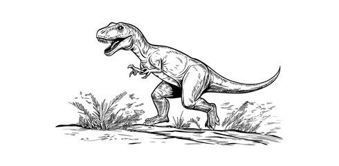 Fototapeta premium The illustration features a T-rex as a black and white cartoon dinosaur silhouette, created in a playful style