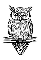 Black and white silhouette of an owl with large stylized eyes and feathers that are decorated