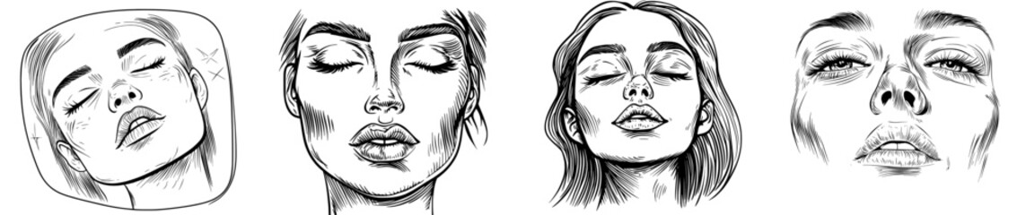 A woman's face is depicted in a stylized black and white illustration, emphasizing her expressive eyes and lips