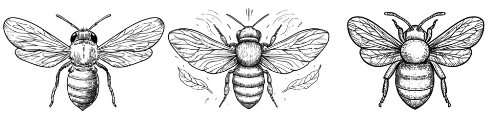 Modern illustration in black and white depicting a bee with intricately detailed wings and a striped body