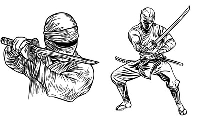 A ninja warrior is depicted in a dynamic pose, brandishing a sword with dramatic flair © Антон Сальников