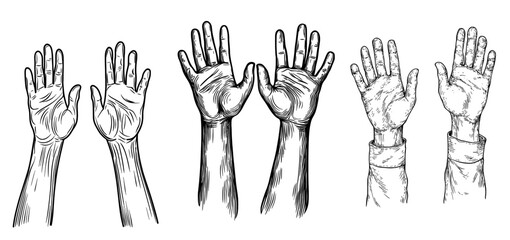 The silhouette of two raised hands with spread fingers is shown in a black and white illustration