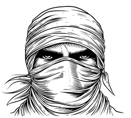 A ninja face is shown in a black and white illustration, wearing a bandana and displaying intense eyes © Антон Сальников