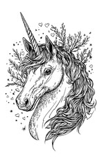 A black unicorn silhouette with a stylish design, featuring stars and hearts, ideal for adding a touch of whimsy to decor