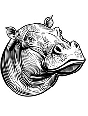 A black silhouette of a hippopotamus head is stylized to emphasize its distinctive features and shape