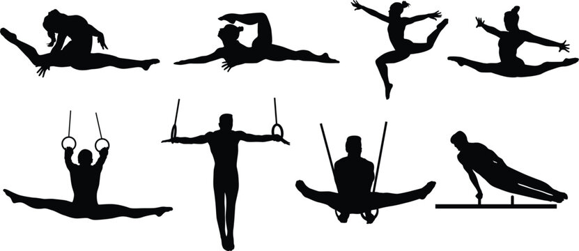 Set of gymnast full body silhouette illustration