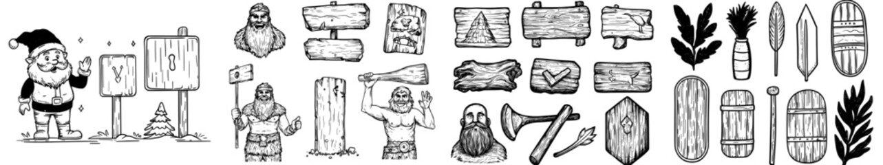 Cartoons and wooden signs including brown banners and boards made of wood are depicted