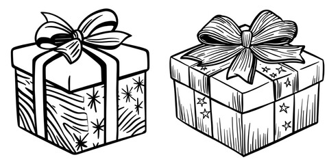 A modern isolated icon features a surprise in a wrapped dotted package, topped with a blue satin bow