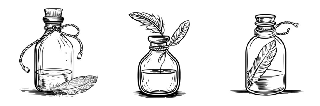 The isolated bottle holds a blue elixir and feathers, giving the modern liquid in the glass jar a mysterious Halloween witch potion appearance