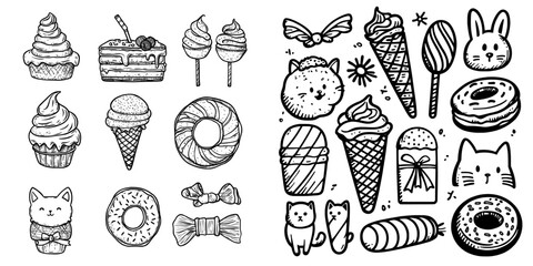 A set of modern fun stickers featuring sweet strawberry dessert patches, cherry ice cream, happy animal faces, and funny cartoon food