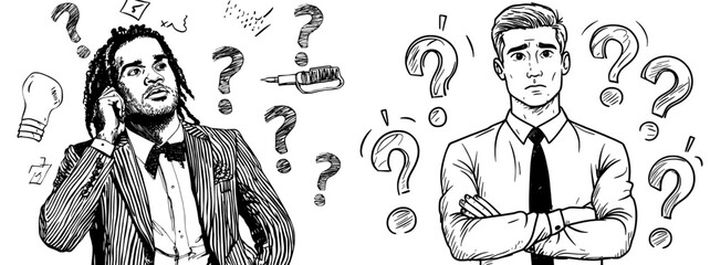 A cartoon illustration of a couple deep in thought, with a man and woman contemplating a confused and troubled question, as people search for answers in a modern setting