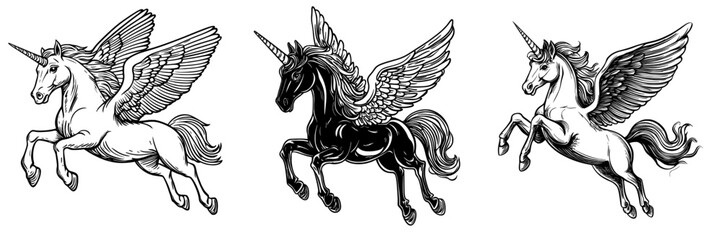A horse with wings, known as a pegasus, is a modern mythical creature and is often depicted as a stallion in heraldic silhouettes and tattoos