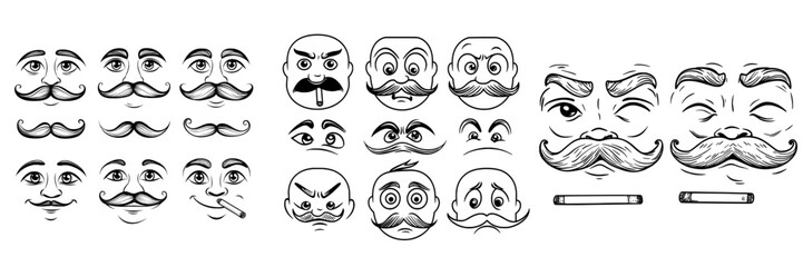 A set of face expressions featuring cheerful, angry, and tongue-out emotions is depicted in funny cartoon emoji form, including a character with a monocle, eyeglass, and mustache smoking a cigar