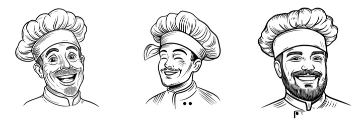 A modern chef in a toque cap and a smiling baker in a white hat are depicted in isolated portrait and outline silhouette