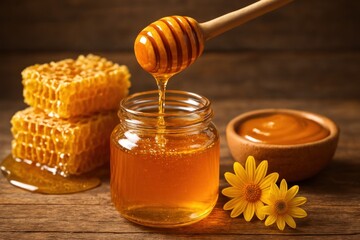 Golden honey with honeycomb.