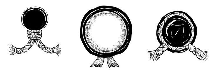 A blank wax stamp accompanied by a cord, depicted as a modern isolated icon of a wax seal without imprint