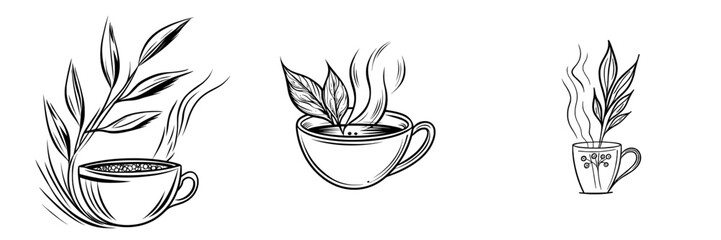 The isolated logo of herbal floral tea with green leaves is complemented by an image of a modern mug containing a hot, steaming drink made from organic herbs