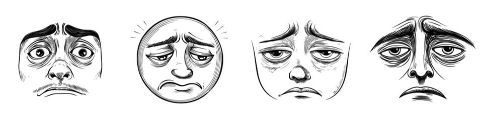 A disappointed face is represented by an isolated line art sad emoticon and a modern upset smiley emoji