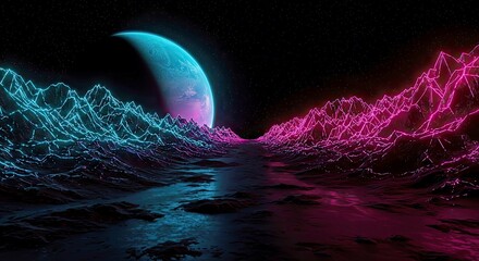 A neon-lit planet reflecting off mirrored crystal peaks in a dark space valley
