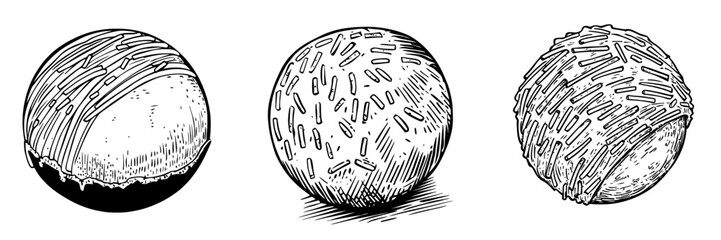 Chocolate candy represents a sweet dessert icon and a modern isolated confection, often taking the shape of a round comfit adorned with coconut shavings sprinkles as a confectionery dessert sweet
