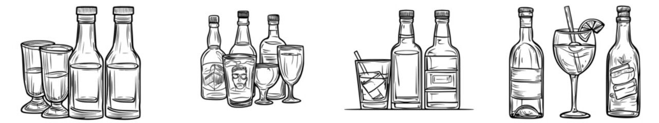Alcoholic beverage modern set featuring pub menu symbols with outline bottles and glasses of beer, wine, and bar cocktails