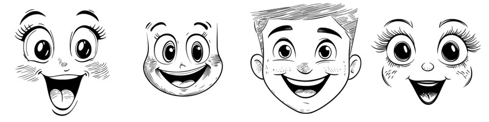A modern icon of a cartoon face is depicted with a wide smile, showcasing a funny and stupid creature through a facial emoji, conveying happy emotions with its toothy mouth and round eyes