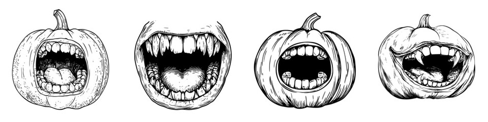 A Halloween creature's mouth, characterized by its monstrous appearance, modern creepy yell, and alien-like roar, features long teeth and yellow lips, isolated on a white background