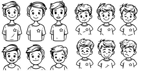 Emotions and feelings are vividly portrayed through the facial expressions of a cartoon little boy avatar, which includes being confused, angry, laughing, and crying in a modern design