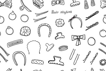 Seamless pattern of elastic bands and hair clips in doodle style. Hairpin, invisible. Salon. Stylist. Beauty saloon.Hand drawn