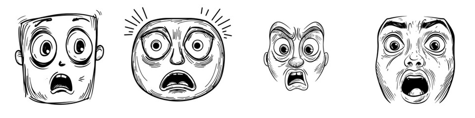 A modern cartoon face icon, characterized by a surprised and humorous emoji, displays an astonished facial expression with wide, gaping eyes and an open mouth, set against a white background in