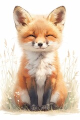 Obraz premium Adorable fox smiling sweetly in a field of tall grass, watercolor art