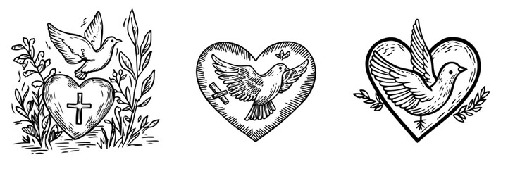 Christianity is represented by the modern icon of a crucifix and a dove, symbolizing peace, with a catholic cross and a pigeon bird isolated on a white background