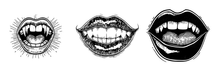 A modern icon, the vampire mouth with fangs, is depicted as a cartoon smiling female with red lips and long pointed teeth, conveying a satisfied or happy emotion, isolated on a white background