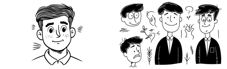 A modern emoji set depicts the range of emotions of an office worker, from anger and doubt to sadness and happiness, through different facial expressions