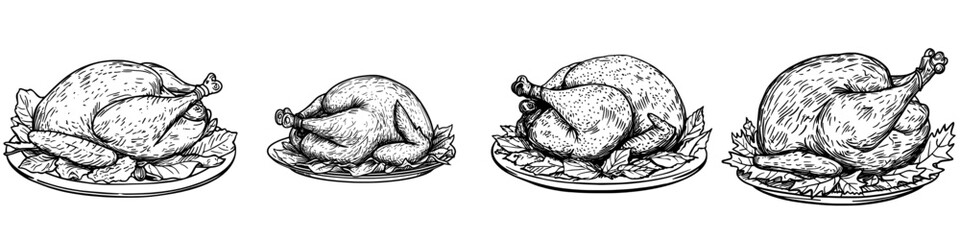 A modern icon of roasted turkey or chicken is isolated on a white background, depicting a festive meal on a tray surrounded by greenery leaves, forming a cartoon food dish design element