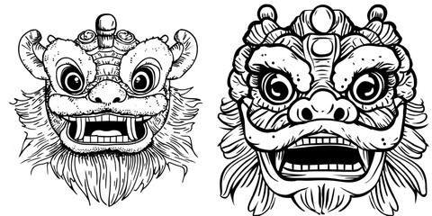 The traditional Asian character is depicted through a Chinese lion dance head and China Lunar New Year dragon mask, used as a costume for holiday celebration, and designed as a cartoon element