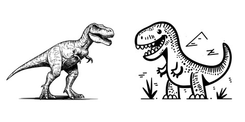The Tyrannosaurus, a green dinosaur, is depicted as an isolated cartoon creature, alongside the modern theropod dino animal and parasaurolophus