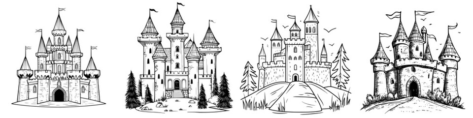 Obraz premium The royal fortress belonging to the prince and princess is depicted as a medieval castle in a cartoon landscape, isolated from the rest of the world, showcasing a modern medieval palace with towers,