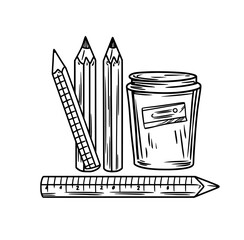 Modern school geometry tools and measurement instruments include a protractor, ruler, pencil, and triangle, all isolated as architect development icons