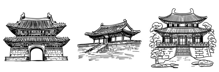 The Chi Lin Nunnery is represented by a large Buddhist temple building as an isolated color outline icon, showcasing modern China architecture with influences from ancient Chinese temples