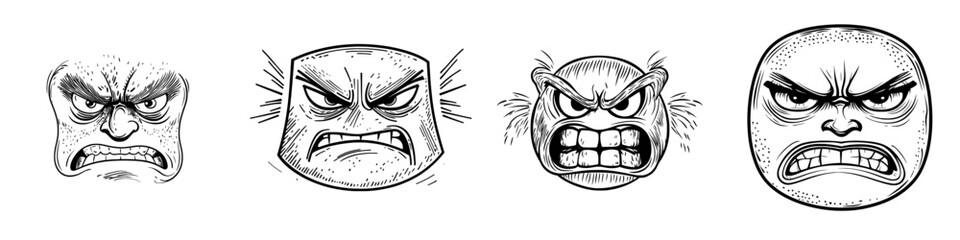 A displeased cartoon face, characterized by a modern emoji with squinted eyes and a closed mouth, exhibits a sullen appearance with downward curved corners, isolated on a white background