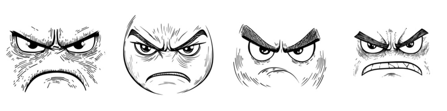 The modern emoji of a cartoon villain features angry eyes and sharp teeth, conveying a negative facial expression of a malefactor comic character with furrowed brows and a toothy mouth, depicted as
