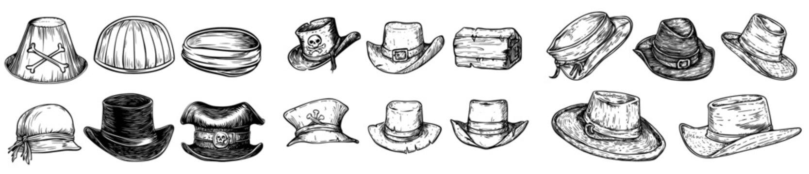 Modern icons include cartoon pirate captains wearing tricorn cocked hats and bandanas, symbolizing piracy