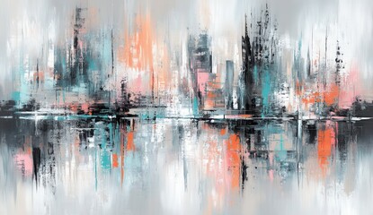 Abstract cityscape panorama,  horizontal view of urban landscape.  Soft colors, various shades,  texture of  painted strokes, reflecting buildings on water