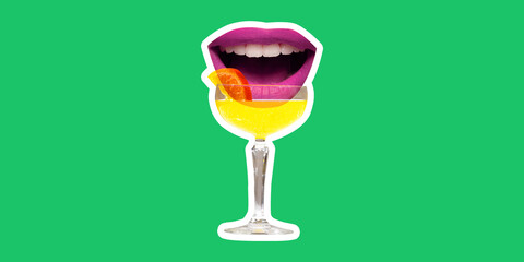 Composite artwork. Yellow cocktail with purple lips and orange slice on green background. Trendy magazine style. Pop art. Sticker. Concept of fun summer taste and vibrant expression.
