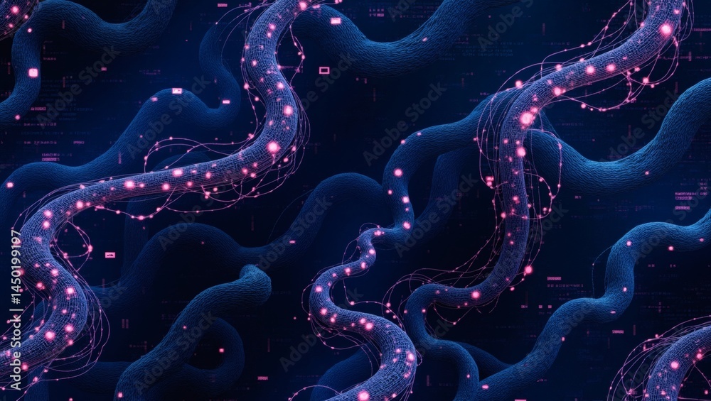 Poster Abstract representation of interconnected data streams, glowing with digital energy and a futuristic look. Perfect for illustrating technology, innovation, and the flow of information.