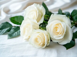 Obraz premium Elegant White Roses Arranged on Soft Fabric Background, Perfect for Weddings, Decorations, and Floral Arrangements in Serene Environments