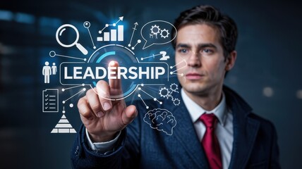 Focused businessperson interacting with a digital leadership concept.